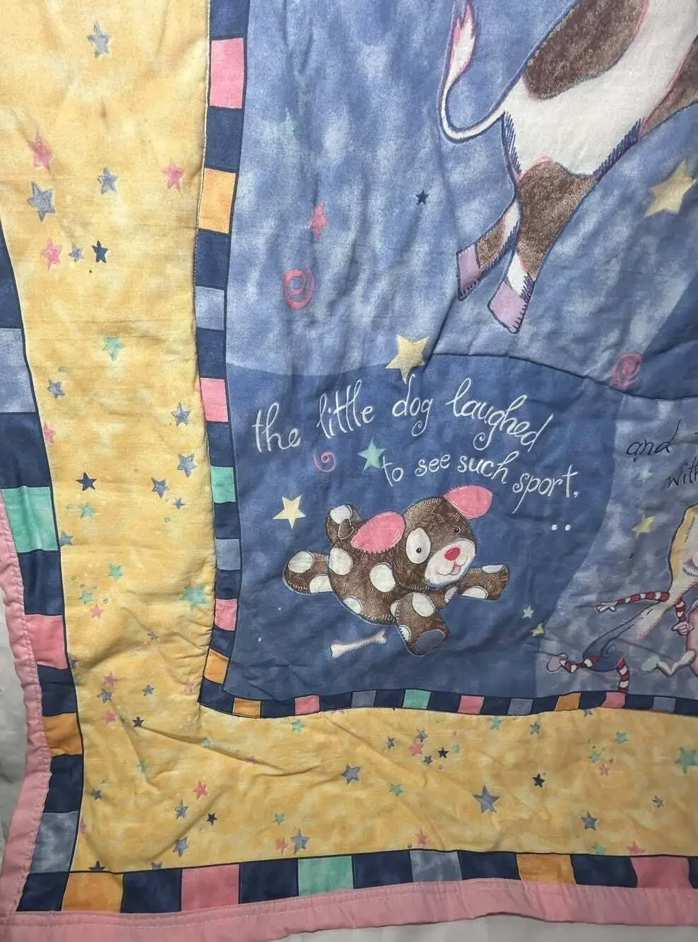 Mother Goose Rhyme Hey Diddle Diddle Pastel Quilt Top Pink Reverse Panel crib